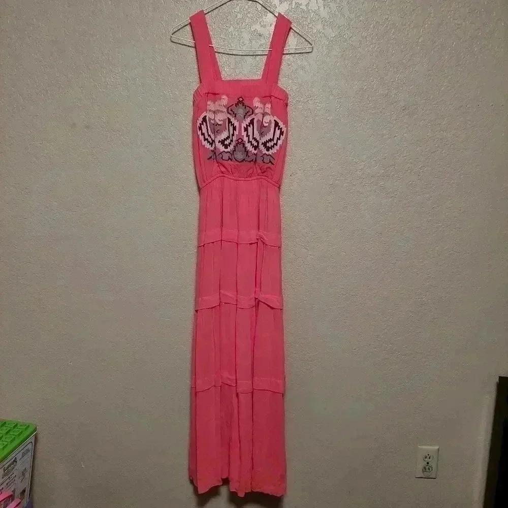 HAZEL Coral maxi dress with embroidered design.  Size Medium - Picture 2 of 8
